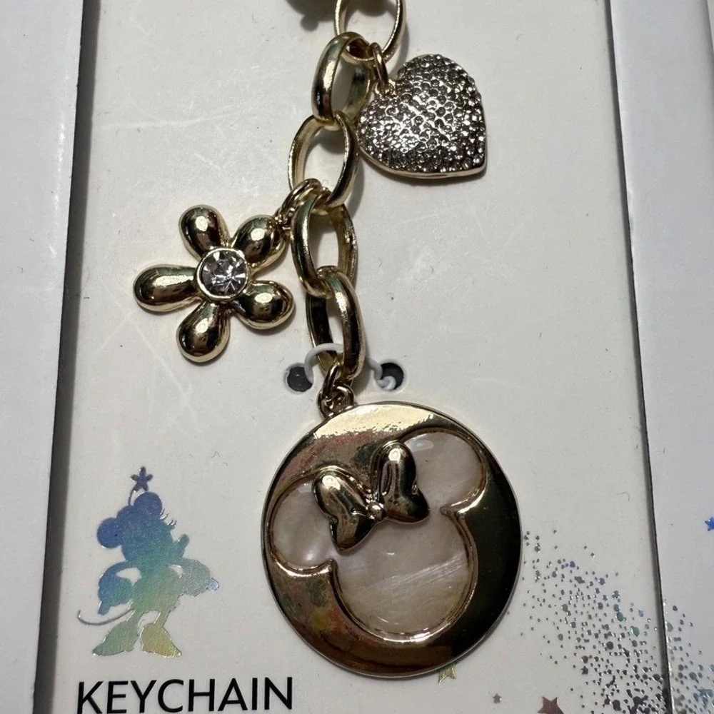 Disney Minnie Mouse Gold Tone Charm Keychain LA Rocks Heart Flower Pearl NIB